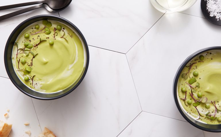 Recipe: Creamy Leek and Fresh Pea Soup with Microgreens